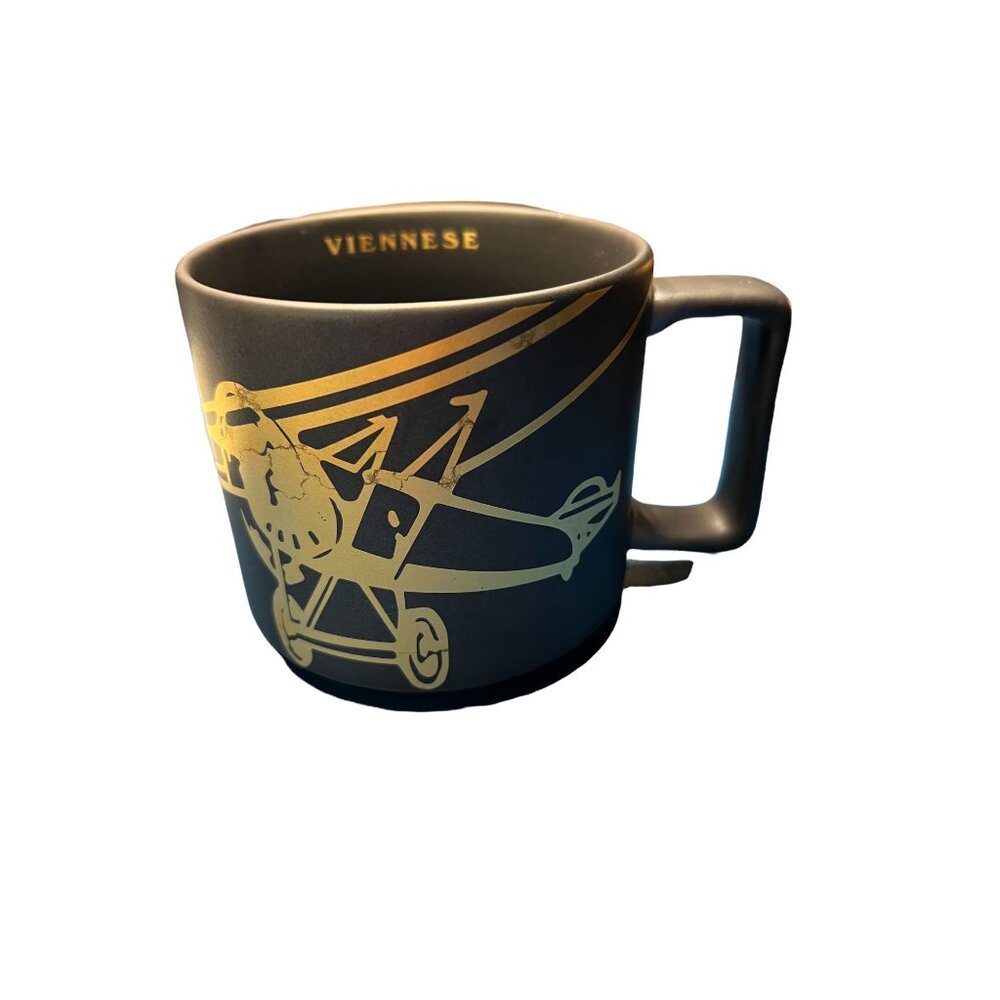 Starbucks Viennese Black Matte Coffee mug cup Gold Bi Plane 2016 Collectible